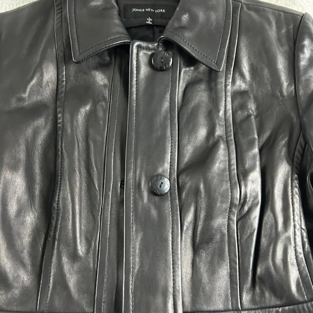 Jones New York Women Leather Jacket Size Large Long Sleeve Button Black - Picture 3 of 5